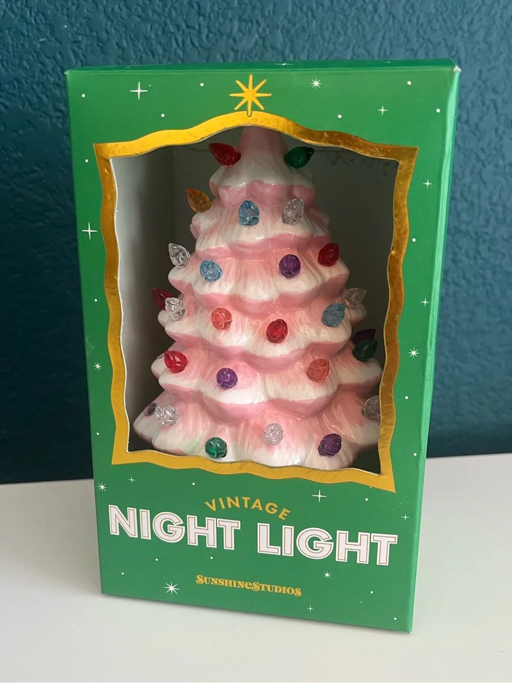 Vintage Christmas Tree Night Light Green and Pink